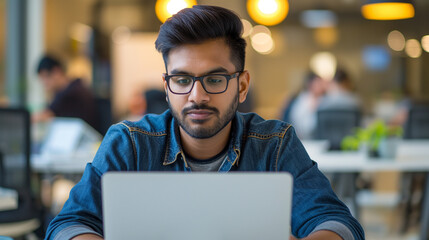 portrait of an Indian software engineer or web developer working on laptop in modern office looking at camera, tech worker