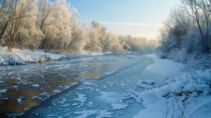 Wall Mural - The river froze in winter due to frost