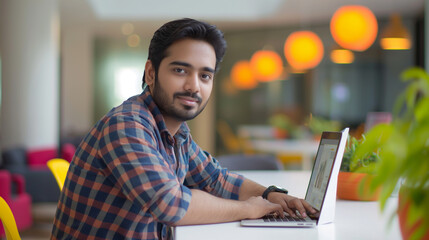 portrait of an Indian software engineer or web developer working on laptop in modern office looking at camera, tech worker