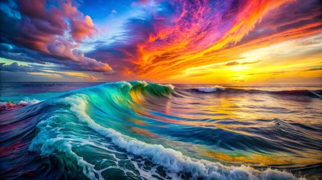 A colorful wave in the ocean with a rainbow in the water