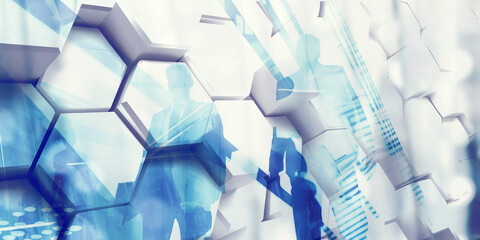 Silhouetted businessmen in a futuristic office environment with abstract hexagonal patterns and a blue-toned digital overlay.
