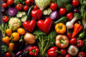 Assorted vegetables in heart shape, indicating healthy and nutritious diet full of variety and freshness