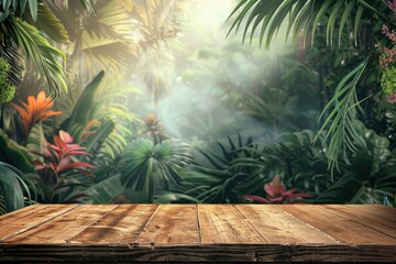 Wall Mural - 3D wooden table with a tropical forest or garden background for product placement - generative ai