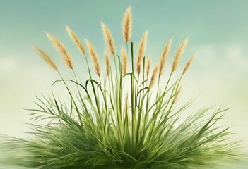 Wall Mural - AI generated illustration of tall grass with seed heads against a soft blue sky background