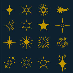 Wall Mural - Star icon set. Golden star shapes. Dark blue background. Decorative vector collection.