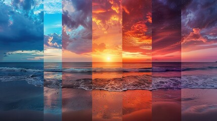 Wall Mural - a series of images of the ocean at sunset, each with a different color scheme