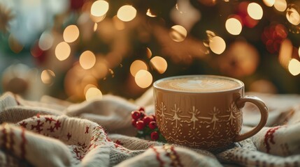 A Cozy Cup of Coffee on a Winter Blanket With Christmas Lights