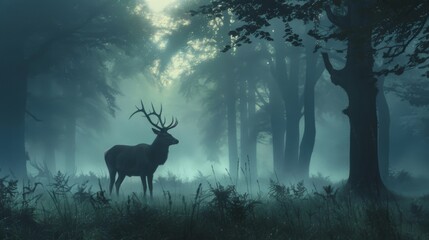 Wall Mural - A deer is standing in a forest with trees in the background