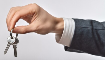 Hand with new house keys on white background