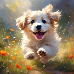 Wall Mural - a painting of a puppy running through a field of flowers