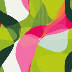 Wall Mural - A seamless pattern in green, pink, and white, with abstract waves and floral shapes. 
