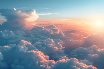 Wall Mural - Aerial view of fluffy white clouds bathed in the warm glow of a sunset