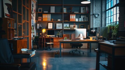 Wall Mural - a modern and spacious office setup featuring large windows, ergonomic furniture, and organized works