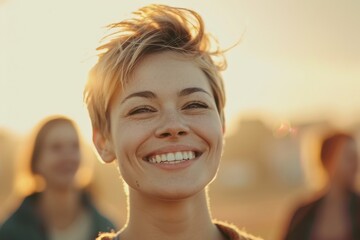 Wall Mural - Portrait of a smiling woman with friends in the background at sunset