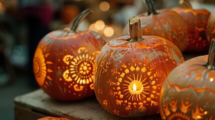Wall Mural - Beautifully carved pumpkins illuminated by candles, creating a warm and festive Halloween atmosphere.