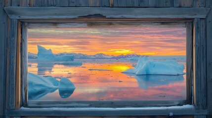 Wall Mural - Open window view of icebergs floating in calm water at sunset.