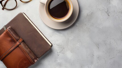 Poster - Composition of notebooks glasses and coffee on a light grey table