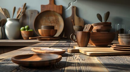 Wall Mural - Cups, plates, bowls, chopping boards, and wooden cups arranged on a wooden table, captured in high-definition realism