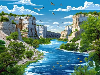 Wall Mural - Stunning River Canyon Landscape with Clear Blue Water, Majestic Cliffs, Lush Vegetation, Birds, and Fluffy Clouds in a Bright Blue Sky