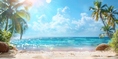 tropical beach with palm trees and calm ocean waves, under a bright blue sky with scattered clouds. 