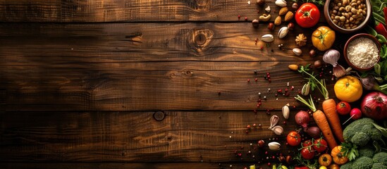 Wall Mural - Concept of Healthy Food with Fresh Vegetables, Nuts, and Fruits on Wooden Background from Above with Copy Space.