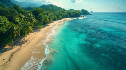 Wall Mural - Tropical beach with palm trees and calm ocean waves, under a bright blue sky with scattered clouds. Perfect for travel and vacation themes