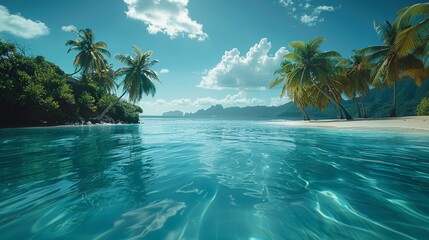 Wall Mural - Tropical beach with palm trees and calm ocean waves, under a bright blue sky with scattered clouds. Perfect for travel and vacation themes