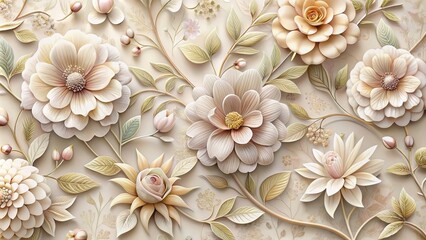 Elegant 3d floral pattern wallpaper with delicate petals and intricate illustrations of flowers on a soft, creamy classic background.