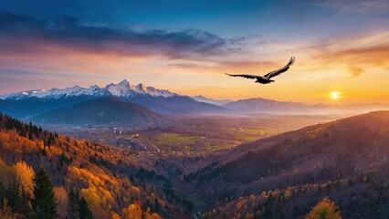 Panorama of the Cordillera at Sunset with an eagle flying. Stunning wide view with forests at sunset.