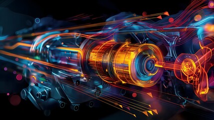 Wall Mural - 1. A conceptual illustration depicting the intricate workings of a car engine, with vibrant arrows highlighting the flow of engine oil as it circulates through gears and motor components, providing