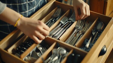 Wall Mural - Detailed image capturing a housewifea??s hands assembling forks, spoons, and knives in a drawer, using the Konmari method for tidy storage during kitchen cleaning