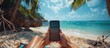 © GoDress - Hands using smart phone with blank screen, on the beach while sitting in a hammock, mobile phone and technology