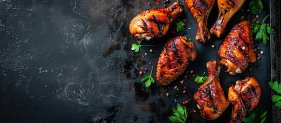 Wall Mural - Top-down view of spicy grilled chicken legs against a dark backdrop.