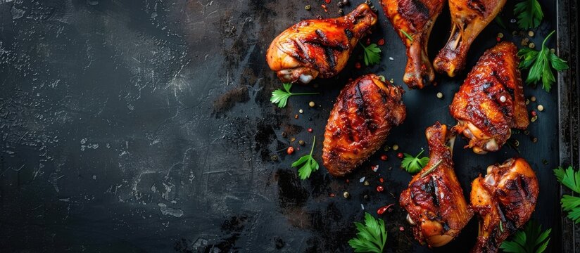 top-down view of spicy grilled chicken legs against a dark backdrop.