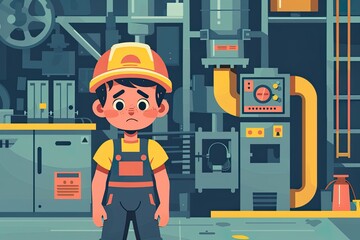 Illustration of Child Laborer Working Tired in Factory