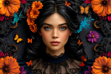 A woman with long black hair and blue eyes is the main subject of the image. She is surrounded by a variety of butterflies and flowers, including orange and purple flowers. The image has a whimsical