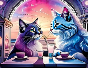 カフェでお茶する猫ちゃんたち