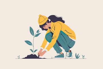 Wall Mural - Woman Planting Tree Illustration for Environmental Care