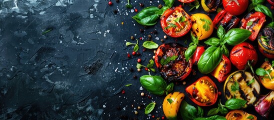 Wall Mural - Grilled Colorful Vegetables with Basil and Herbs on a Dark Background