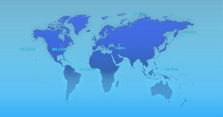  Image of world map with data processing on blue background