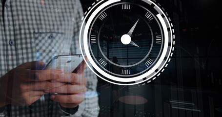 Poster - Image of clock and data processing over caucasian businessman using smartphone