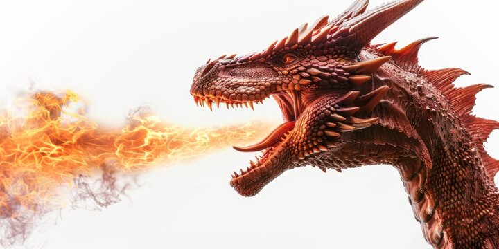 Fiery Dragon Roaring in a White Void - Celebrating the Year of the Dragon in the Gaming World，Dragon breathing fire isolated on white background. New Year, Year of the Dragon, 2024, game world, HD wal