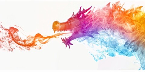 Wall Mural - Rainbow Dragon Breathing Fire on a White Background - Celebrating Pride Month and the Year of the Dragon，June, Christmas New Year, mascots, rainbow colors, gay, pride month, year of the dragon, 2024, 