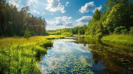 Wall Mural - Sunny summer day with a small river in a picturesque forest landscape
