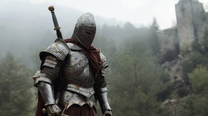 Poster - A medieval knight standing in front of a foggy castle.