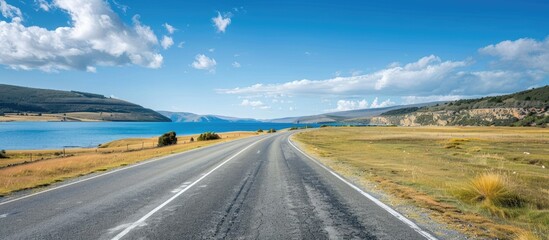Wall Mural - Scenic views of a coastal landscape with asphalt road set against a backdrop of blue skies.