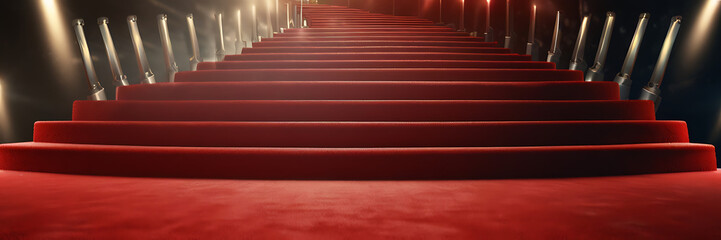 Red carpet rolling out in front of glamorous movie premiere background. winner pedestal luxury entertainment premiere ceremony entrance event celebration victory