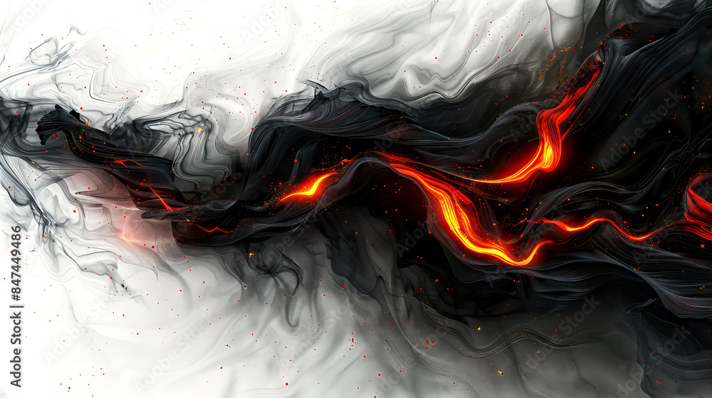 Abstract red fire black smoke white background fluid swirls, light dark ...
