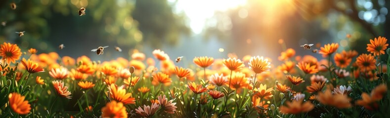 Canvas Print - Sunlit Field of Orange Flowers with Bees