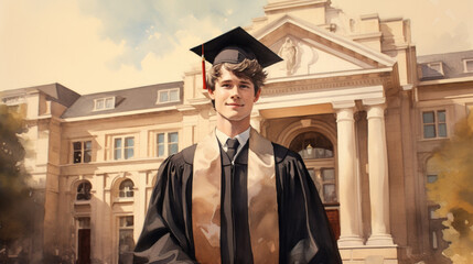 Young man in graduation cap and gown standing proudly in front of a classical university building. Watercolor illustration